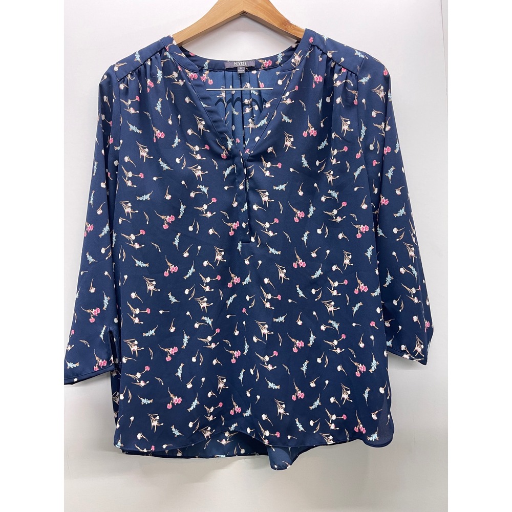 NYDJ Navy Blue Floral Split Neck Blouse Womens Small 3/4 Sleeve Pleated Top